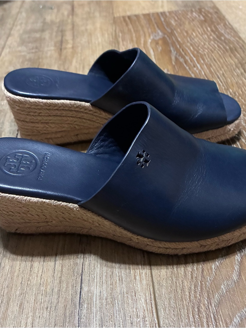 Tory Burch Espadrille Navy Leather Bima Wedge Sandals Size 5.5 Jute Heel